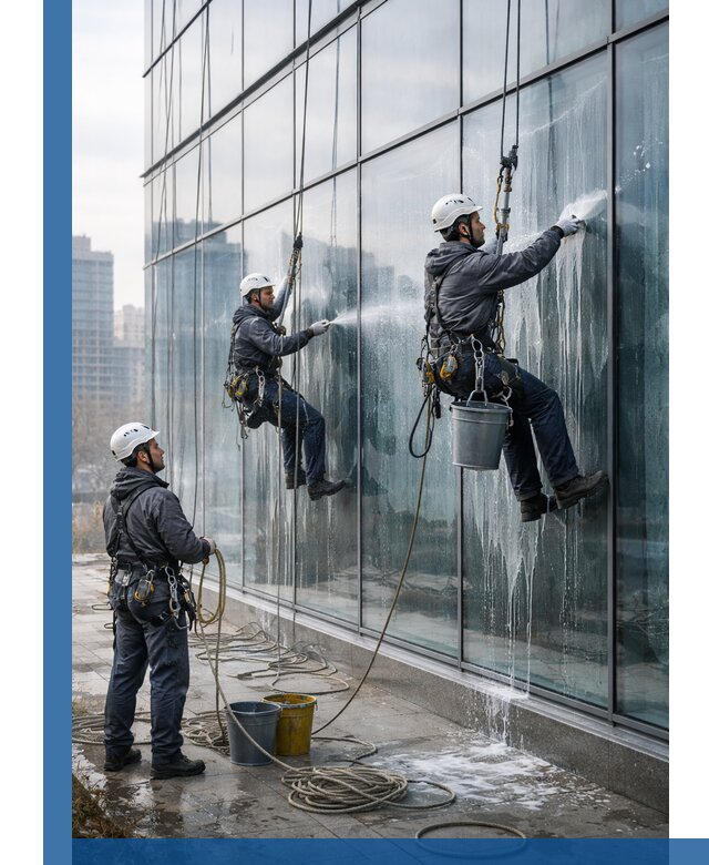 Промышленная мойка панорамных окон на высоте в Биробиджане