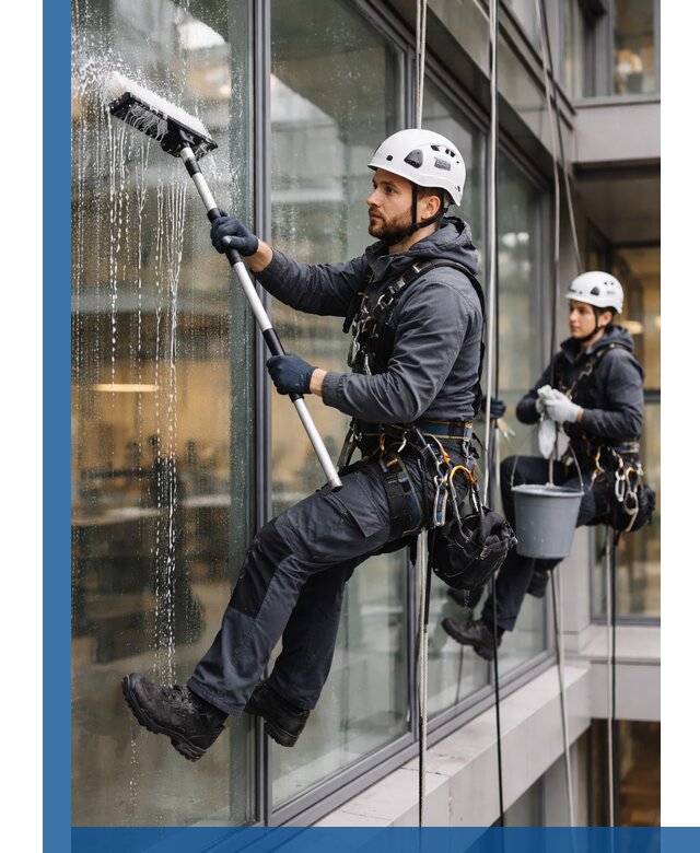 Профессиональная мойка витражей промышленными альпинистами в Биробиджане