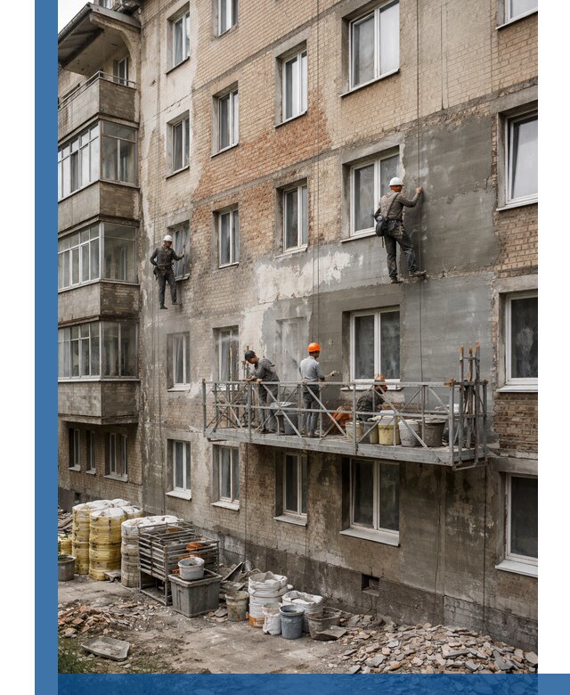 Капитальный ремонт фасада в Биробиджане с восстановлением и гидроизоляцией