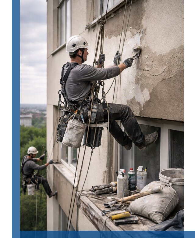 Косметический ремонт фасада зданий в Биробиджане промышленными альпинистами