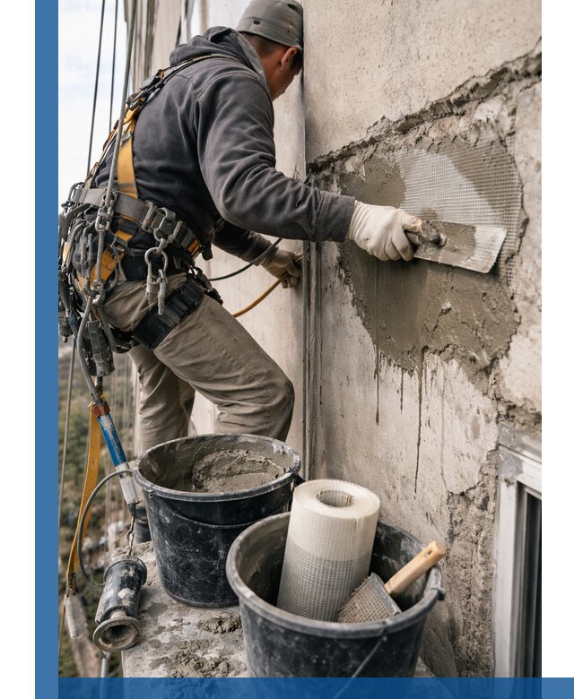 Ремонт бетонных элементов фасада промышленными альпинистами в Биробиджане