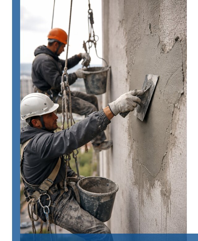 Штукатурка фасада на высоте в Биробиджане профессиональные работы