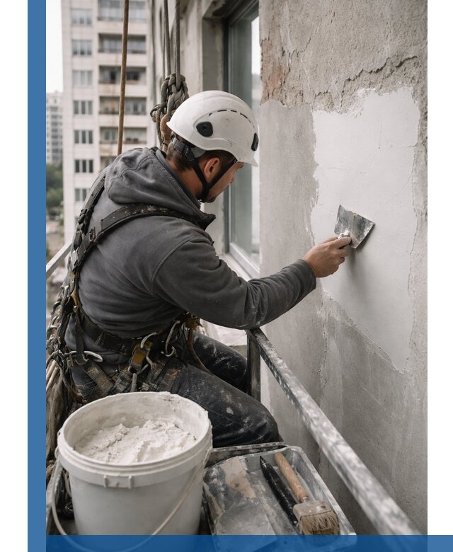 Шпаклевка фасадов на высоте с промальпинистами в Биробиджане