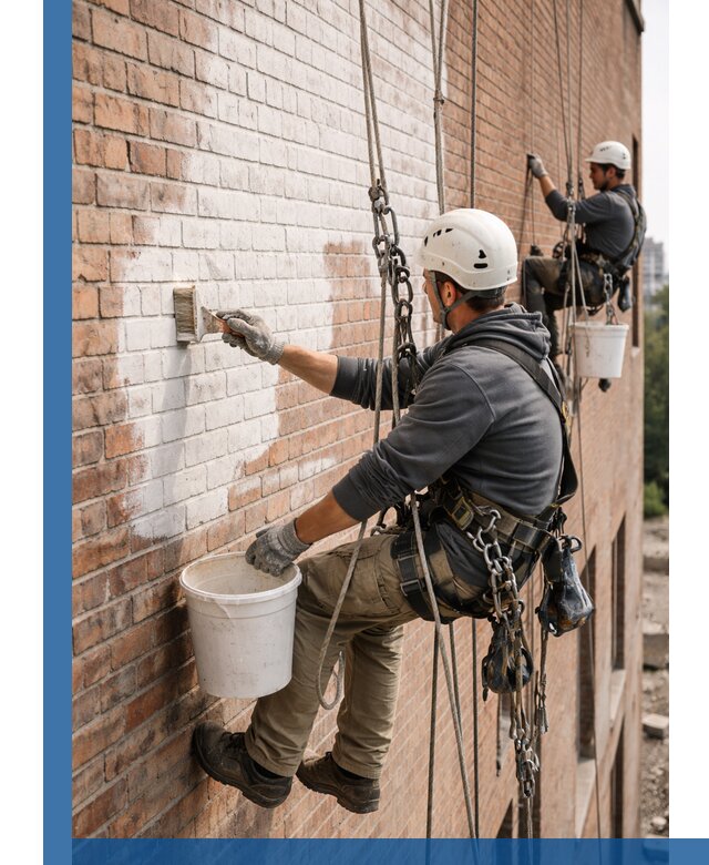 Покраска кирпичного фасада с доступным альпинистским сервисом в Биробиджане