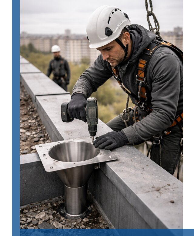 Монтаж водосточных воронок в Биробиджане для промышленных зданий