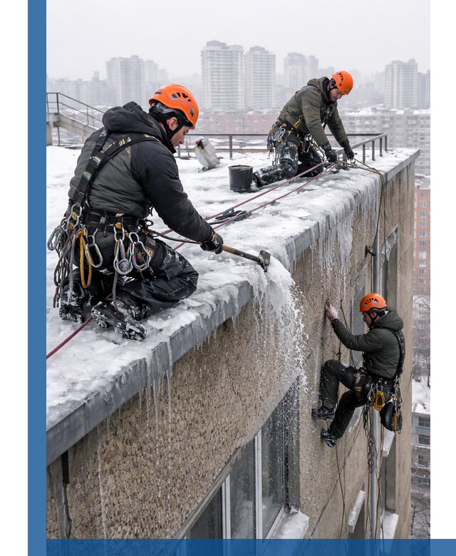 Удаление наледи с кровли в Биробиджане промышленными альпинистами