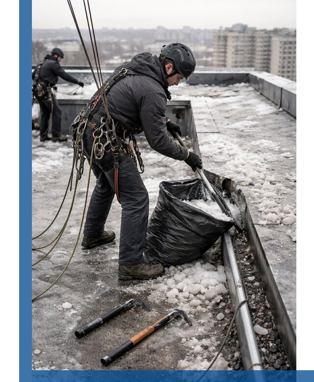 Аварийная очистка кровли в Биробиджане от промальпинистов