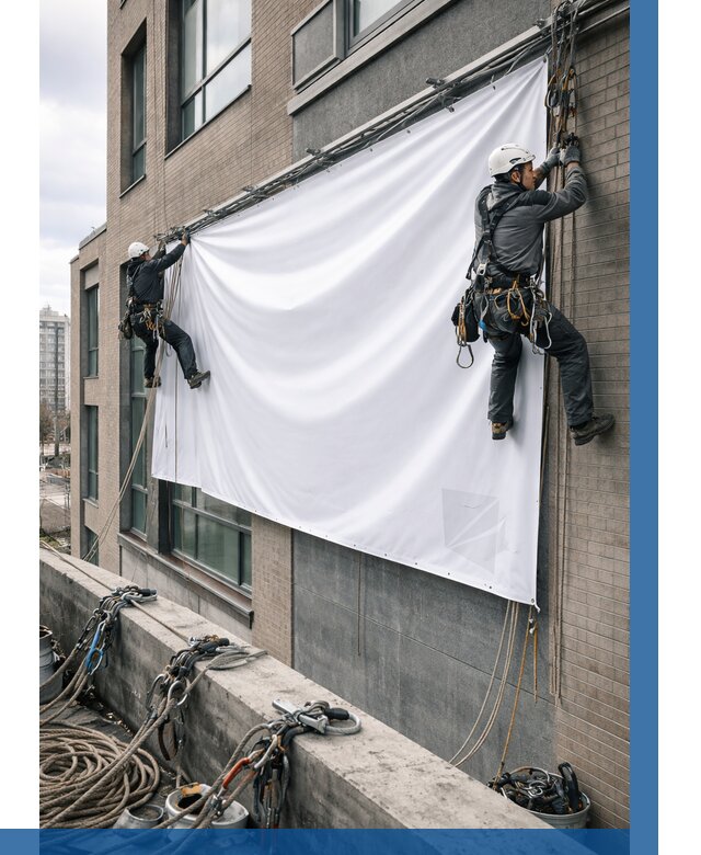 Монтаж баннеров на фасаде в Биробиджане от 659 р. заказать ВЫСОТНИК-Брб