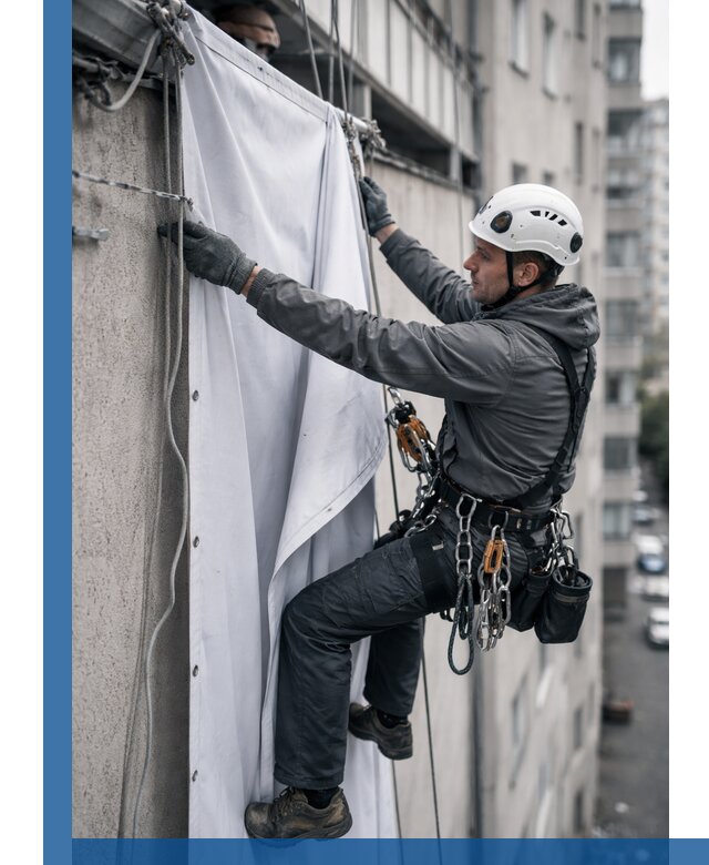 Замена баннерного полотна промышленными альпинистами в Биробиджане