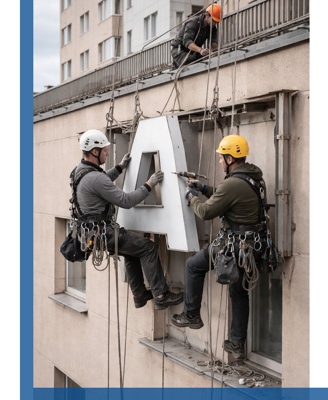 Ремонт и восстановление наружных вывесок на высоте в Биробиджане