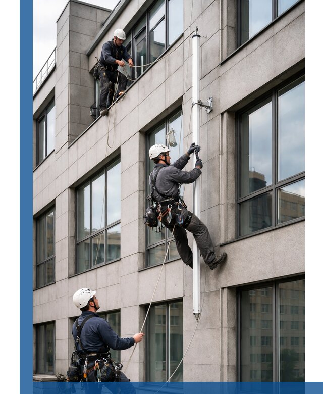 Монтаж флагштока на фасаде здания с креплением и герметикой в Биробиджане