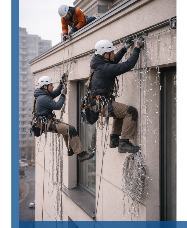 Монтаж праздничных гирлянд на фасаде в Биробиджане для зданий