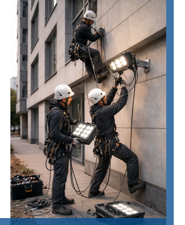 Монтаж прожекторов на фасаде в Биробиджане от 7604 р. | ВЫСОТНИК-Брб