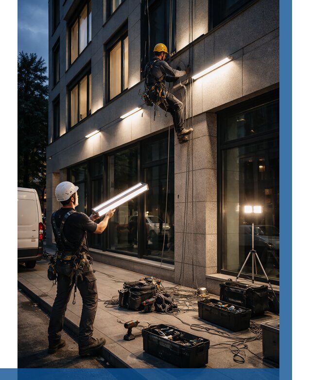 Монтаж архитектурной подсветки здания в Биробиджане от 2535 р.|ВЫСОТНИК-Брб