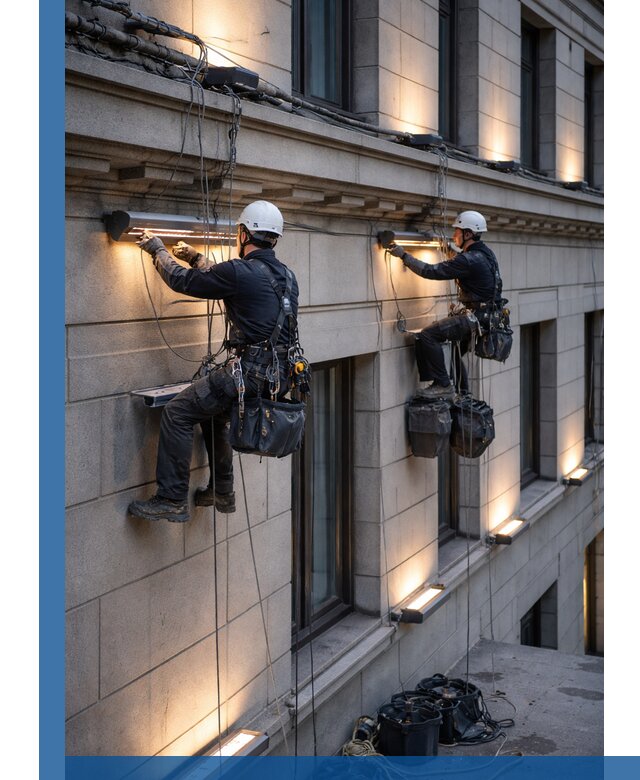 Монтаж архитектурной подсветки фасадов зданий в Биробиджане