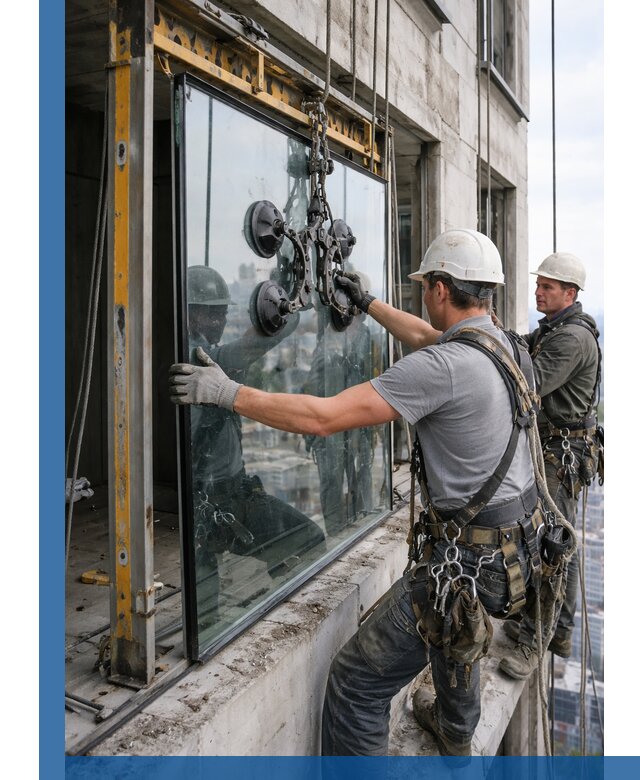 Монтаж стеклопакетов на высоте в Биробиджане с промышленным альпинизмом