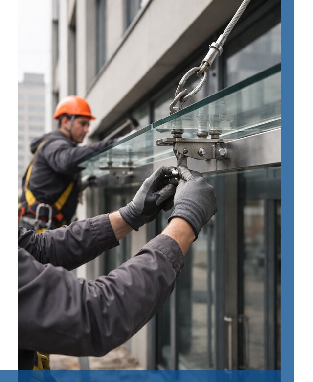 Монтаж стеклянных козырьков в Биробиджане от 8617 р. | ВЫСОТНИК-Брб