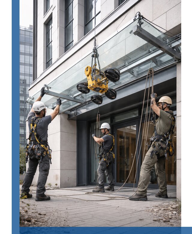 Монтаж стеклянных козырьков под ключ в Биробиджане для зданий