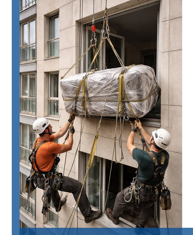 Подъем грузов через окно в Биробиджане промышленными альпинистами