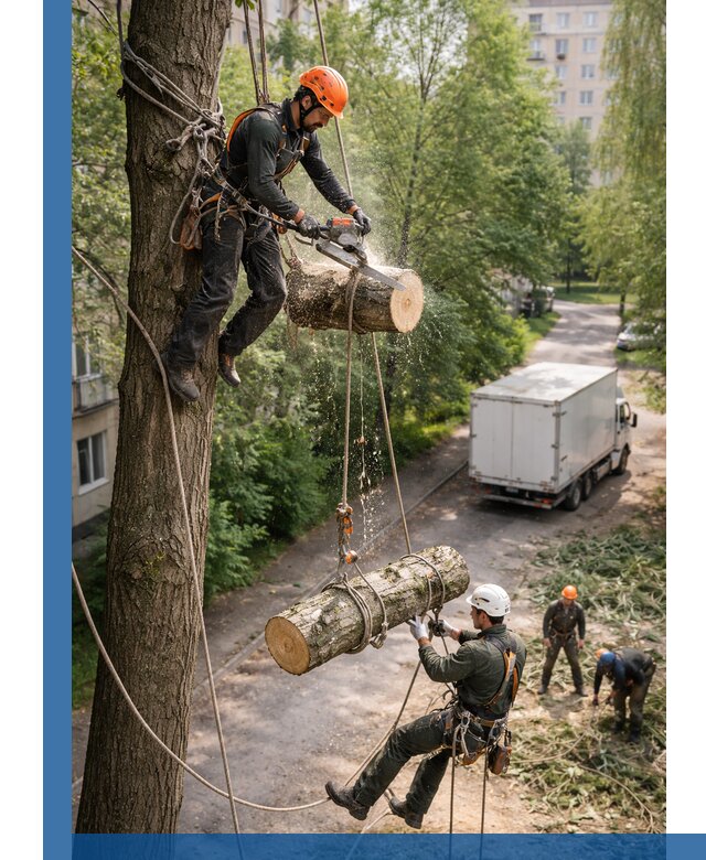 Спил деревьев альпинистами в Биробиджане, безопасно и без повреждений