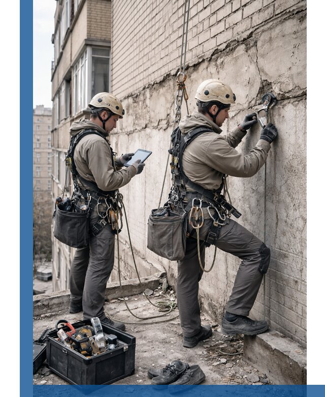 Обследование фасада промышленными альпинистами в Биробиджане